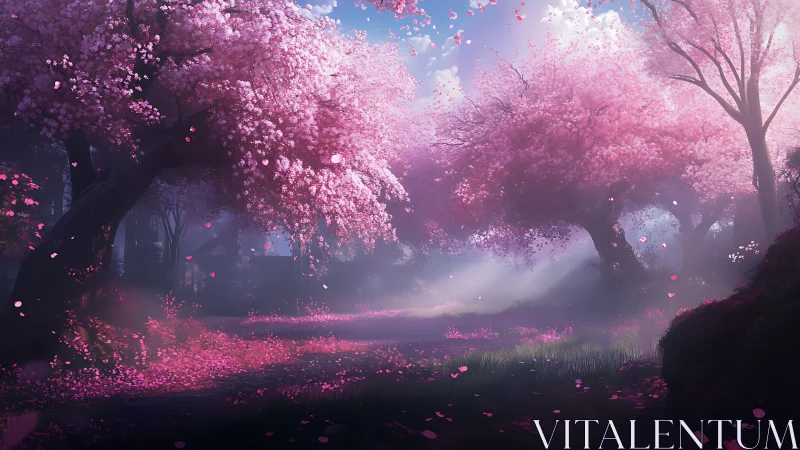 Digital landscape of cherry blossom trees in soft morning light.