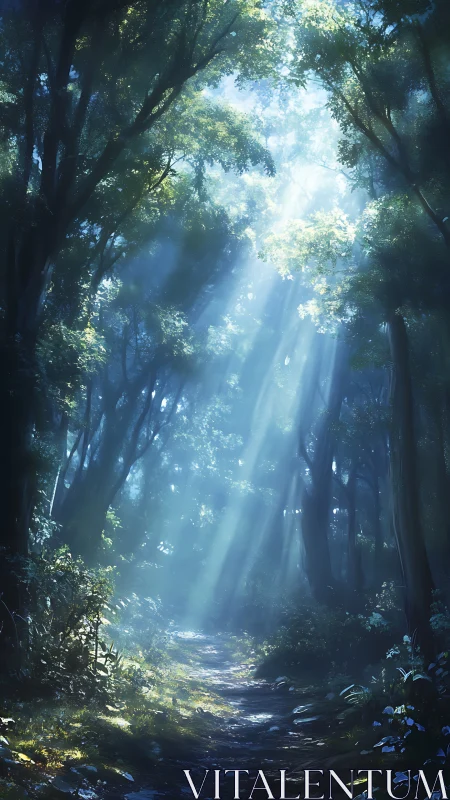 Sunlit forest path inviting you into a peaceful green escape.