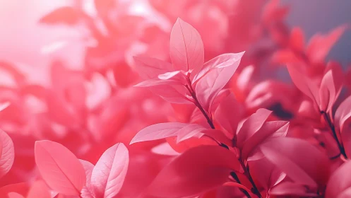 Pink foliage closeup under soft bokeh light rendering flora.