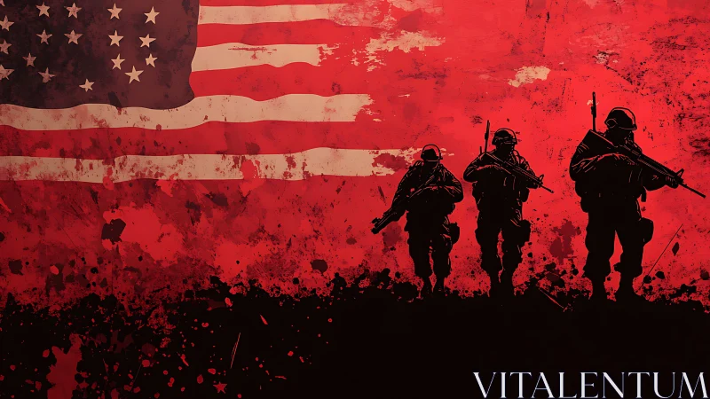 Silhouetted armed soldiers advance before distressed US flag