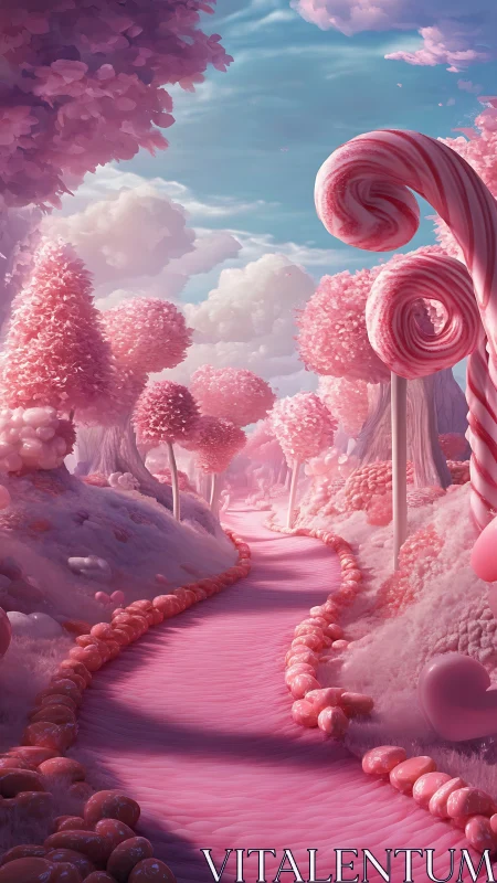 Surreal Pink Landscape with Candy-Textured Flora and Spiral Architectural Elements