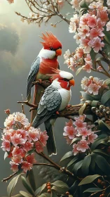 Blossom-kissed songbirds share a quiet moment in spring light