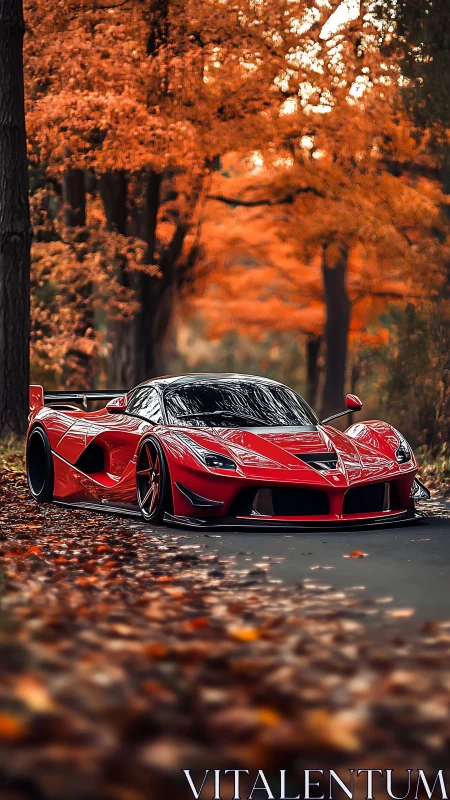 Low-slung red hypercar on forest road framed by autumn foliage