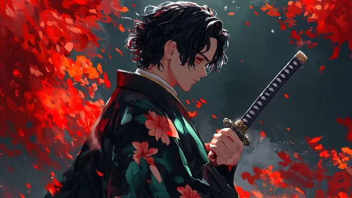 Calm swordsman stands in red petals, ready yet reflective