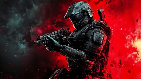 Armored space soldier aims rifle against blazing red nebula