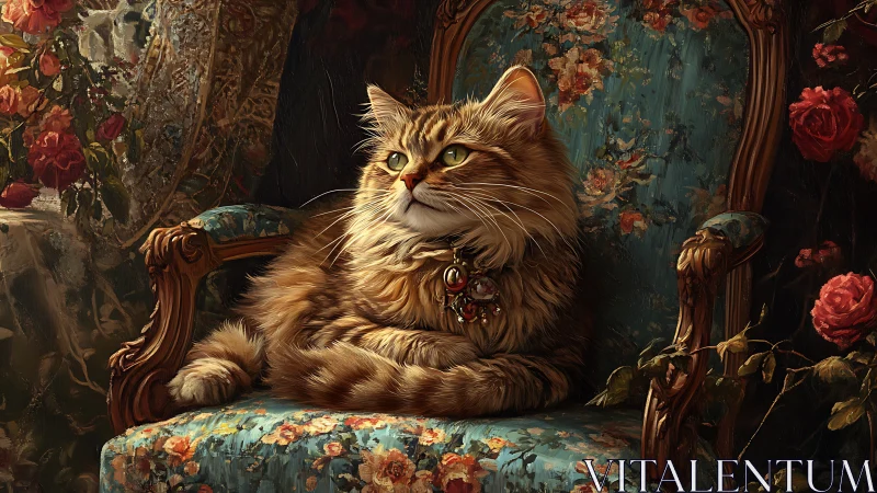 Majestic Long-Haired Cat Reclines on Ornate Victorian Furniture