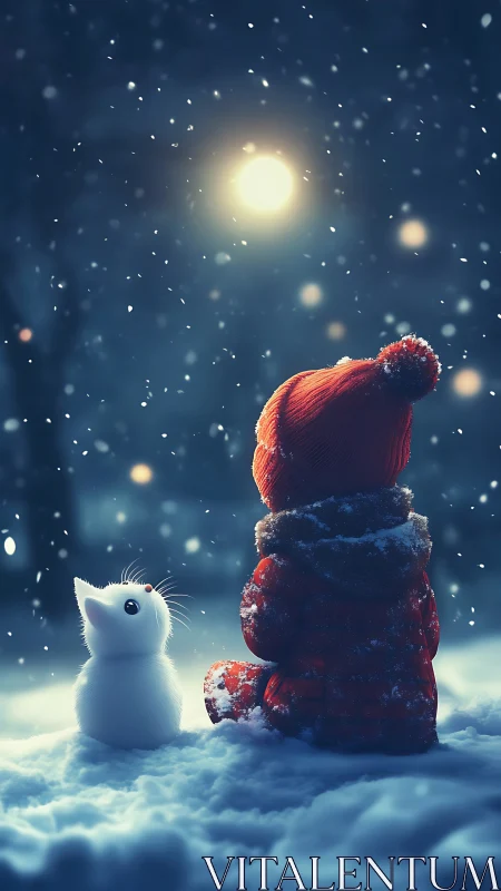 Child and white kitten in snowy night landscape under moon.