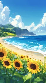 Sunlit sunflower field overlooking bright coastal shoreline.