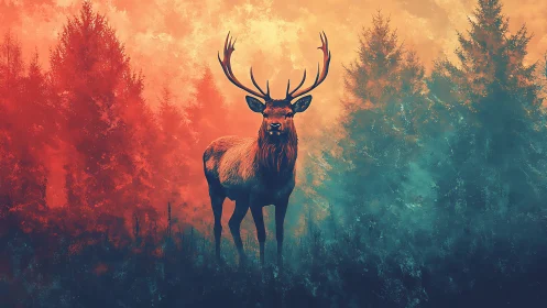 Stag in dual toned forest with atmospheric colored haze.