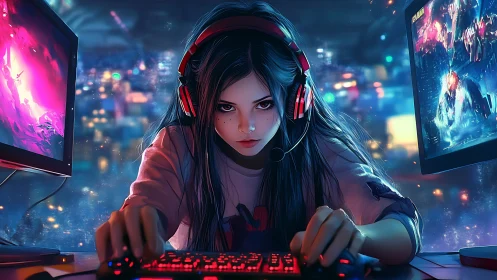 Female gamer at dual monitors in neon-lit gaming setup.