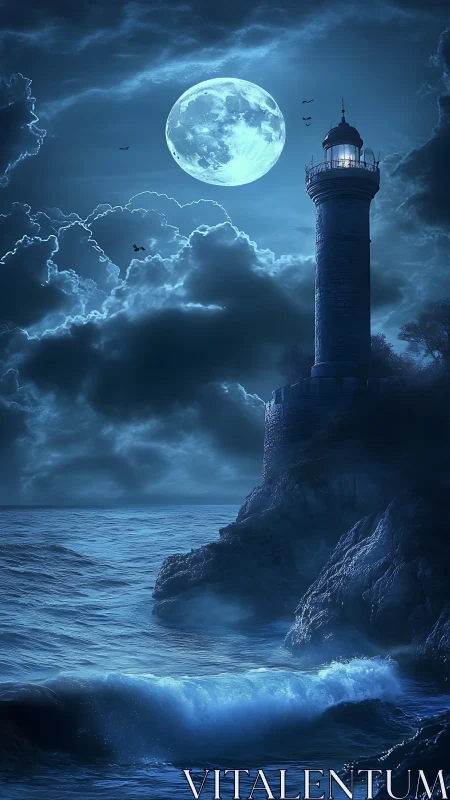 Moonlit lighthouse on storm-carved cliff with high-contrast rim lighting