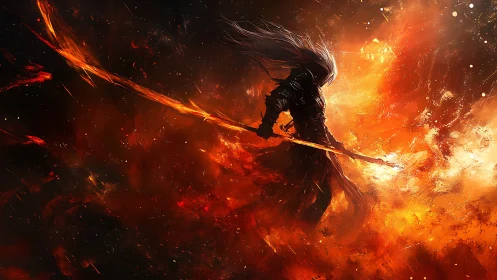 Silhouetted fire warrior brandishes a blazing energy spear
