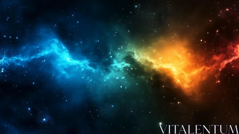 Bicolor gaseous nebula band across star-filled dark space.