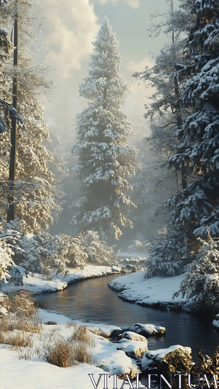 Snow-dusted evergreen forest embraces a winding winter creek.