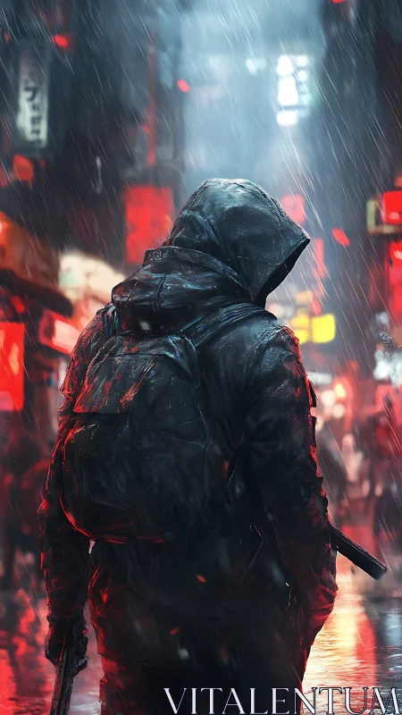 Hooded operative in rain-soaked neon alley with strong rim lighting