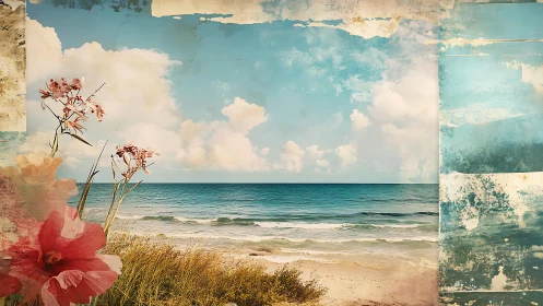 Vintage coastal seascape merges floral foreground and textured sky