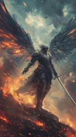 Winged dusk knight rising through storm and firelight.