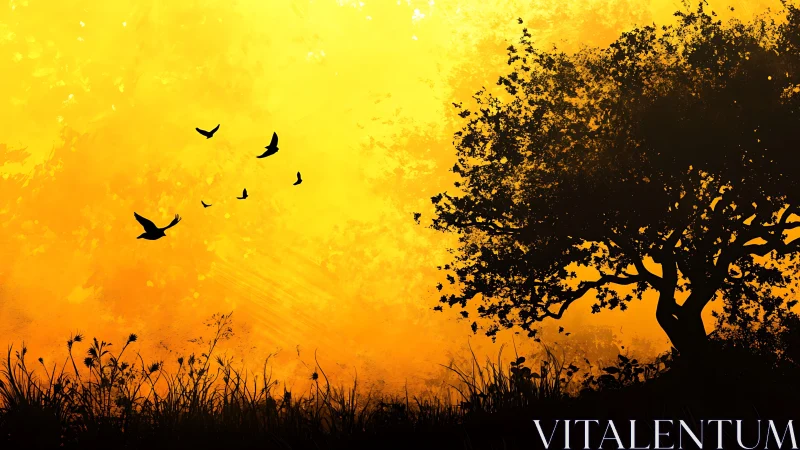 Silhouetted tree and birds stand against intense yellow sky