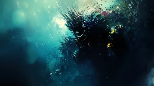 Stormlit armored warrior emerges through swirling blue mist