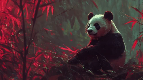 Solitary panda resting amid red-tinted bamboo forest.