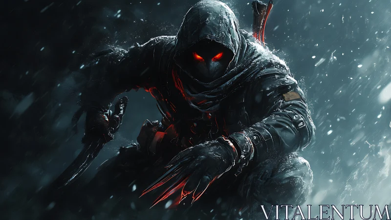 Hooded figure crouches in snow with glowing red eyes