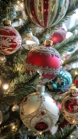 High-detail glass Christmas baubles with glittered surface relief