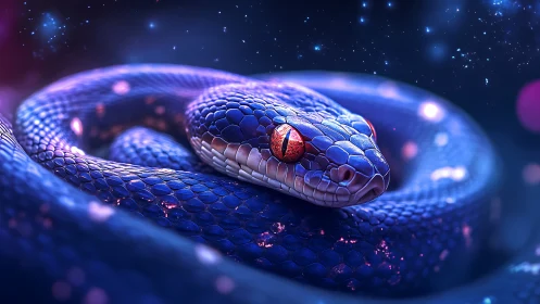 Blue iridescent snake with red eyes in cosmic lighting.