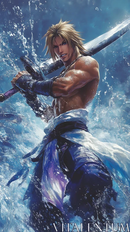 Sword-wielding warrior surges through crashing blue waves