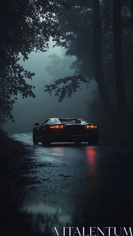 Supercar on wet forest road under heavy night fog.