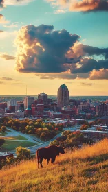 Longhorn silhouette on hillside above dense city skyline.