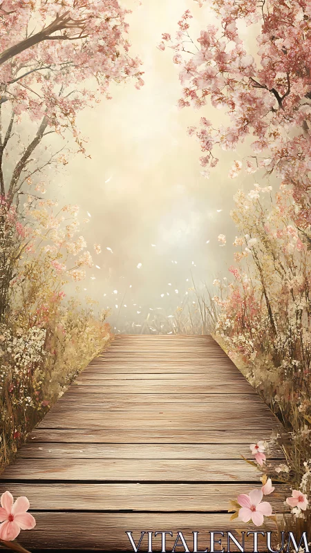 Sunlit wooden pathway under dreamy spring blossoms.