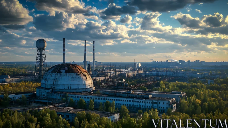 Rusting nuclear dome overlooks dense industrial sprawl