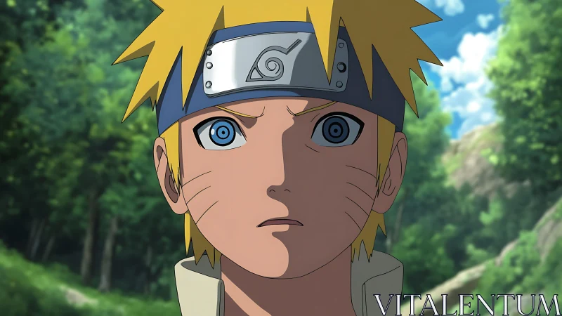 Determined blonde ninja gazes ahead with fierce forest focus