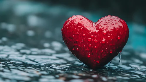 Red heart-shaped form suspended in water with droplets.