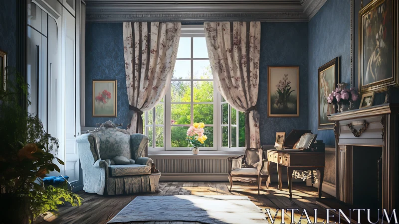 Sunlit vintage parlor with floral drapes and reading nook.