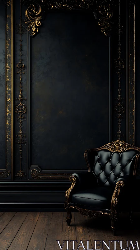 Black leather armchair stands before ornate dark wall