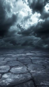Storm-laden cracked salt flat under brooding cyan overcast sky.