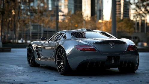 Metallic sports coupe is parked on an urban plaza surface