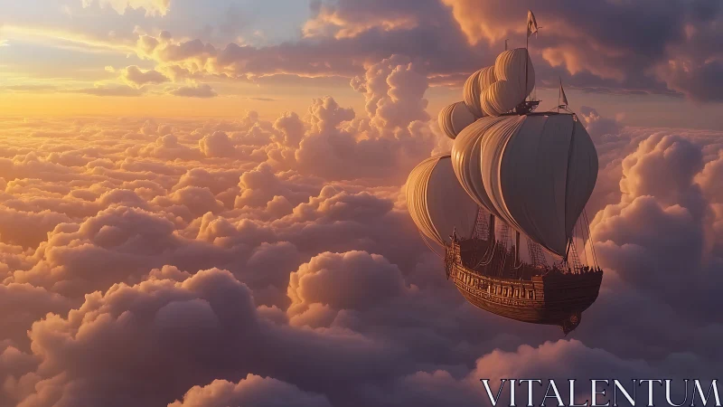 Baroque wooden airship sailing through sunset cumulonimbus cloudscape