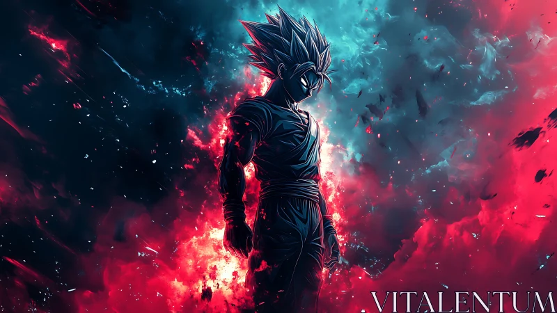 Spiky haired warrior stands amid split red and blue energy