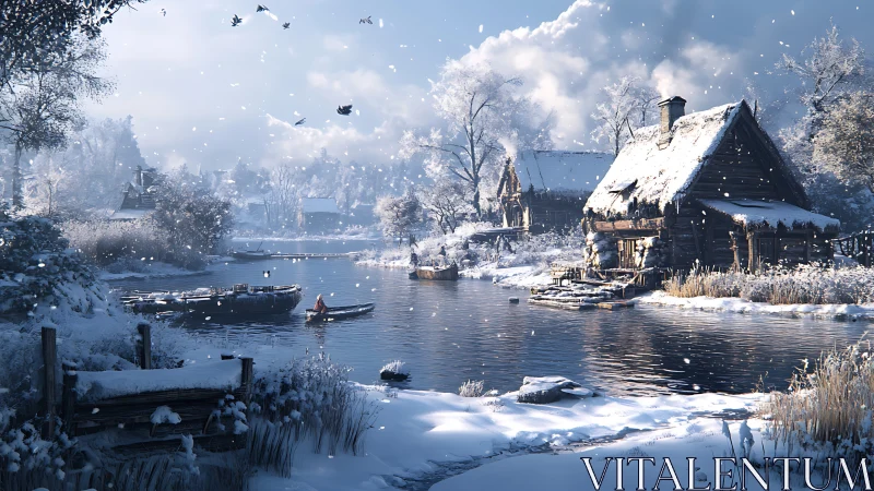 Snowy riverside cabins glow softly in peaceful winter light