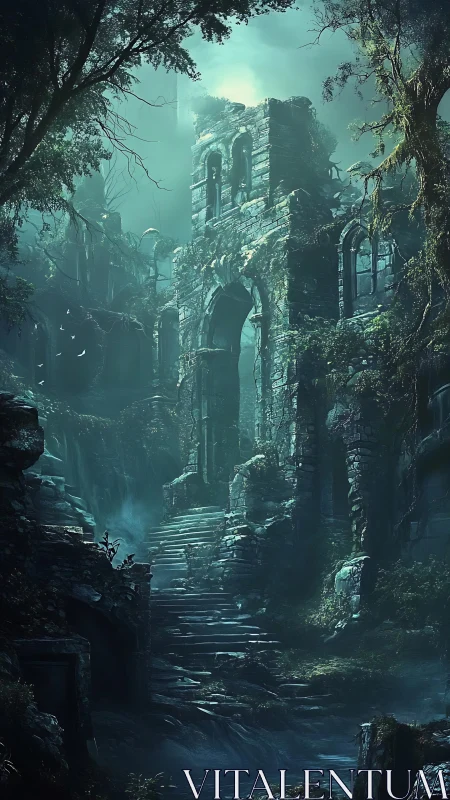 Overgrown stone ruins with staircase in dense forest light.