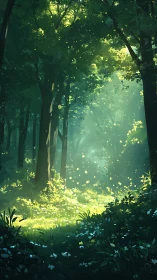 Enchanted Forest Glows Through Cascading Golden Sunlight.