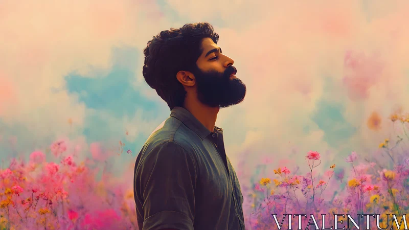 Bearded man in profile amid soft pastel wildflowers.