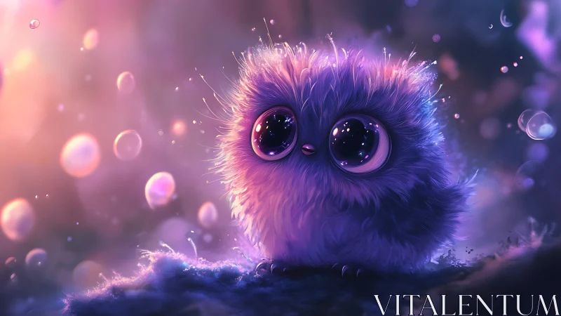 Fluffy violet owl glows amid dreamy iridescent orbs.