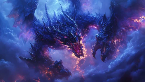 Stormlit three headed dragon swirling through glowing clouds.
