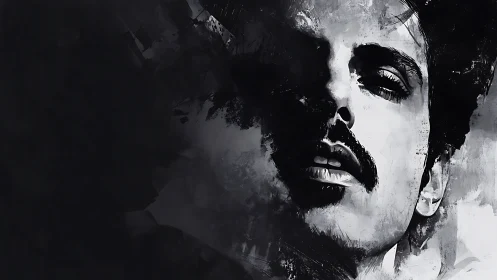 High-contrast male portrait dissolving into abstract grayscale noise