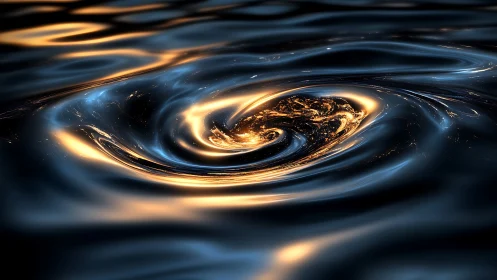 Swirling luminous vortex distorts reflective liquid surface