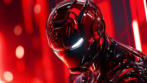 Red chrome armored robot head with glowing white eyes.