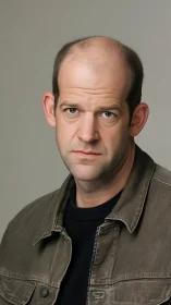 Studio headshot of serious man in brown canvas jacket.